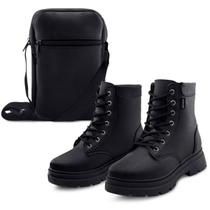 Kit Bota Coturno Feminina Tratorada Super Conforto Com Bolsa Preta MzShoes