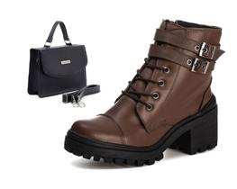 Kit Bota Coturno Feminino Tratorado E Bolsa Tiracolo Pequena
