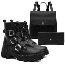 Kit Bota Coturno Feminino Tratorado Sola Alta Casual Moda Bolsa + Carteira