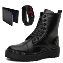 Kit Bota Coturno Hfast Shoes Tratorada Cano Medio Lisa com Carteira e Relogio