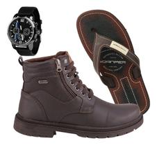 Kit Bota Coturno Masculina Casual Relogio Chinelo Masculino