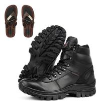 Kit Bota Coturno Militar Couro Cano Curto + Chinelo De Dedo