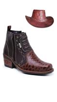 Kit Bota Country Texana com Chapéu Rodeio Masculino Couro