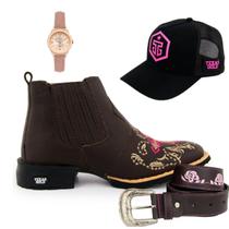 Kit Bota Country Texana Feminino Texas Gold de Couro Café com Cinto Boné e Relógio