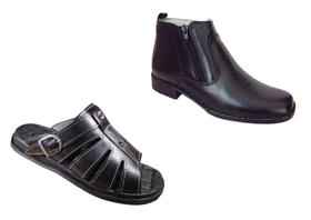 Kit Bota Couro B. Social AntiStress + Chinelo F Couro A Ortopédico Preto