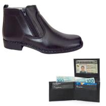Kit Bota Couro Botina Social Anti Stress Carteira Couro Modelo L Preto