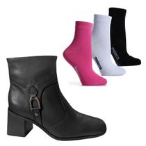 Kit Bota Couro Bottero Cano Curto + 3 Meias Moleca Coloridas