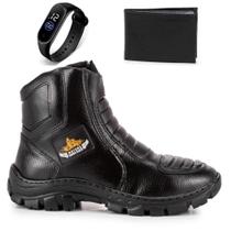 Kit Bota em Couro Para Motociclista Dark Race Relogio Básico e Carteira Lisa