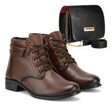 Kit Bota Feminina Casual Cano Baixo Saltinho Cadarço + Bolsa Porta Celular