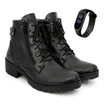 Kit Bota Feminina Coturno Feminino Zíper Lateral Tratorada Casual Preto Salto Baixo Moda + Relogio Kit Bota Feminina Coturno Feminino Zíper Lateral Tratorada Casual Preto Salto Baixo Moda + Relogio
