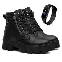 Kit Bota Feminina Coturno Feminino Zíper Lateral Tratorado Cano Curto Casual Preto Moda + Relogio