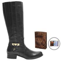 Kit Bota Feminina Couro Cano Alto Moda + Carteira Estilo