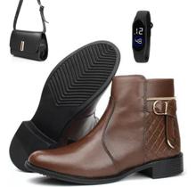 Kit Bota Feminina Estilo Coturno Leve + Bolsa + Relógio Digi
