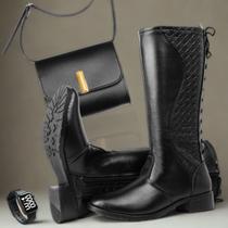 Kit Bota Feminina Montaria Forrada Cano Alto + Bolsa e Relógio