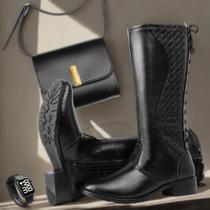 Kit Bota Feminina Preta Montaria Forrada Zíper e Cadarço + Bolsa e Relógio Digital