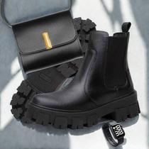 Kit Bota Feminina Preta Tratorada Com Relogio Digital e Bolsa Transversal