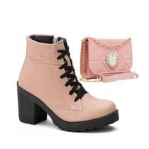 Kit Bota Feminina Tratorada Salto e Bolsa Baladinha Transversal Quadrada Classek