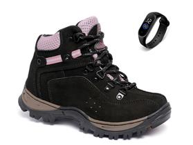 Kit Bota Feminina Trilha Coturno Em Couro Adventure + Relógio Fino