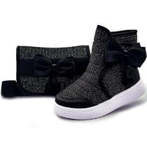 Kit Bota Infantil Feminina Cano Alto Com Bolsa Menina Preta/Brilho Gatatuya Kit Bota Infantil Feminina Cano Alto Com Bolsa Menina Preta/Brilho Gatatuya