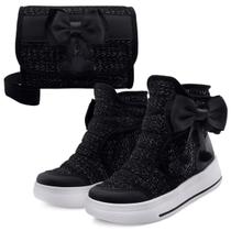 Kit Bota Infantil Feminina Cano Alto Com Bolsa Menina Preta/Brilho Mz Shoes
