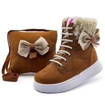 Kit Bota Infantil Feminina Cano Alto Menina Inverno Conforto Laço Marrom Bege Kit Bota Infantil Feminina Cano Alto Menina Inverno Conforto Laço Marrom Bege