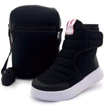 Kit Bota Infantil Menina Calce Fácil Feminina Com Bolsinha Cano Alto Preta Mz Shoes