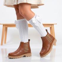Kit Bota Infantil Menina e Meia Branca Cano Alto com Laço Botinha com Salto Baixo