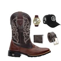 Kit Bota Texana Country Masculina Texas Gold Cruzeta Couro com Carteira Cinto Relógio Boné