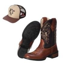 Kit Bota Texana Couro + Boné Telinha Masculino Cowboy Estilo