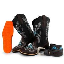 Kit Bota Texana Feminina Couro Country Bico Quadrado Café Azul com Cinto 10000 Kit Bota Texana Feminina Couro Country Bico Quadrado Café Azul com Cinto 10000
