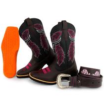 Kit Bota Texana Feminina Couro Country Bico Quadrado Café Cara de Boi com Cinto