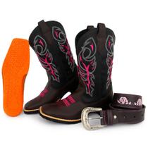 Kit Bota Texana Feminina Couro Country Bico Quadrado Café Delegada com Cinto