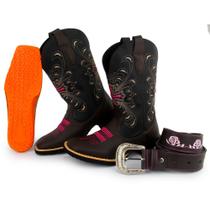 Kit Bota Texana Feminina Couro Country Bico Quadrado Café Flora com Cinto - Texas Gold