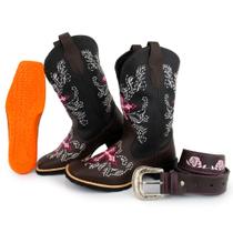 Kit Bota Texana Feminina Couro Country Bico Quadrado Café Rosa com Cinto 10000 Kit Bota Texana Feminina Couro Country Bico Quadrado Café Rosa com Cinto 10000