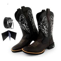 Kit Bota Texana Masculina Couro Country Casual Campo Café Delegada com Carteira e Cinto