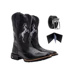 Kit Bota Texana Masculina Couro Country Casual Campo Preta Horse com Carteira e Cinto