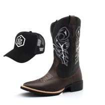Kit Bota Texana Masculina Couro Western Café Delegada + Boné Trucker Kit Bota Texana Masculina Couro Western Café Delegada + Boné Trucker