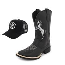 Kit Bota Texana Masculina Couro Western Preta Horse + Boné Trucker Kit Bota Texana Masculina Couro Western Preta Horse + Boné Trucker