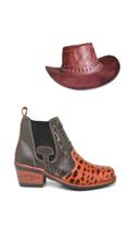 Kit Bota Texana Rodeio + Chapéu Couro Legitimo Botina Country Elastico Lateral