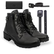 Kit Bota Tratorada Feminina Preta Coturno Casual Zíper Lateral Cano Curto Moda + Cinto + Carteira
