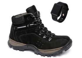 Kit Bota Trilha Masculina Tamanho Especial Coturno Couro + Relógio