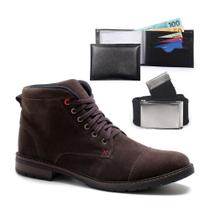 Kit Botas Masculinas Casual Carteira e Cinto Coturno Cano Médio Camurça Confortável Macio
