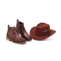 Kit Botina Chapéu Masculina Couro Legitimo Cowboy Country Roça Boiada Boiadeiro Fazenda