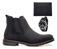 Kit Botina Masculina Couro Bovino Chelsea +carteira+relogio