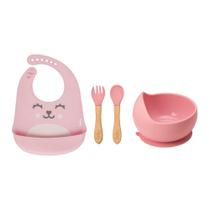 Kit bowl + babador + talheres em silicone rosa - buba