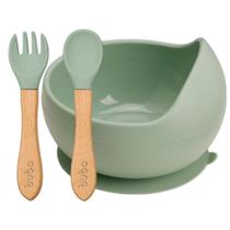 Kit Bowl Com Ventosa Talheres Em Silicone E Bambu Verde Buba
