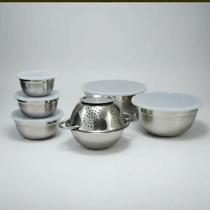 Kit Bowl Inox 5 Peças com Tampa Escorredor Multiuso Cozinha Prático Organizador