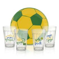 Kit Bowl Petisqueira Bola de Vidro Copa do Brasil com 4 Copos 190ml Jogo Torcida Brasileira