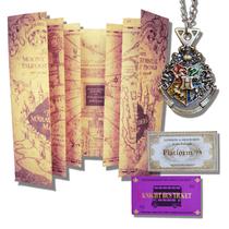 Kit Box Harry Potter C/ Colar Brasão Hogwarts, Mapa do Maroto, Tickets Plataforma 9 3/4 & Knight Bus - Amageek