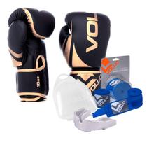 Kit Boxe Muay Thai Luva 10Oz Dourado + Protetor Bucal + Bandagem Azul
